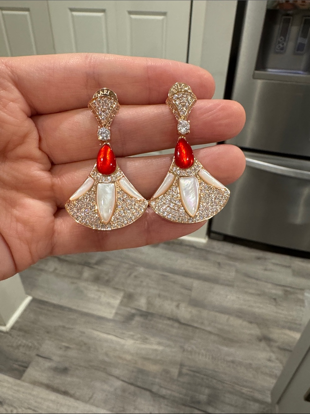 Champagne Gold Fan Drop Earrings Red Stone Mother of Pearl CZ